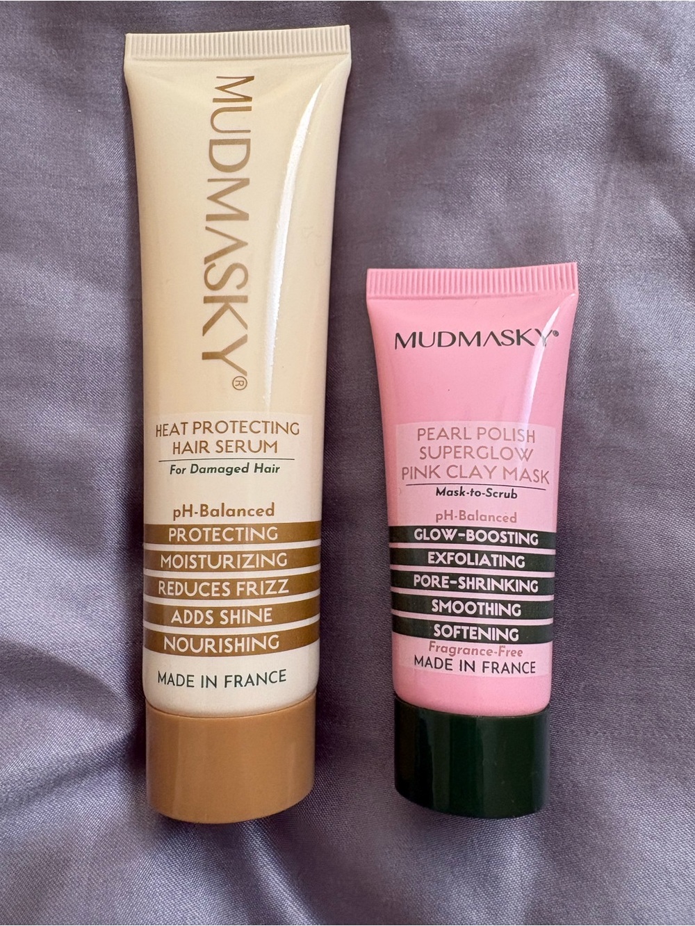 Mudmasky Heat Protecting Serum and Pink Clay Mask to Scrub Pearl Polish - New